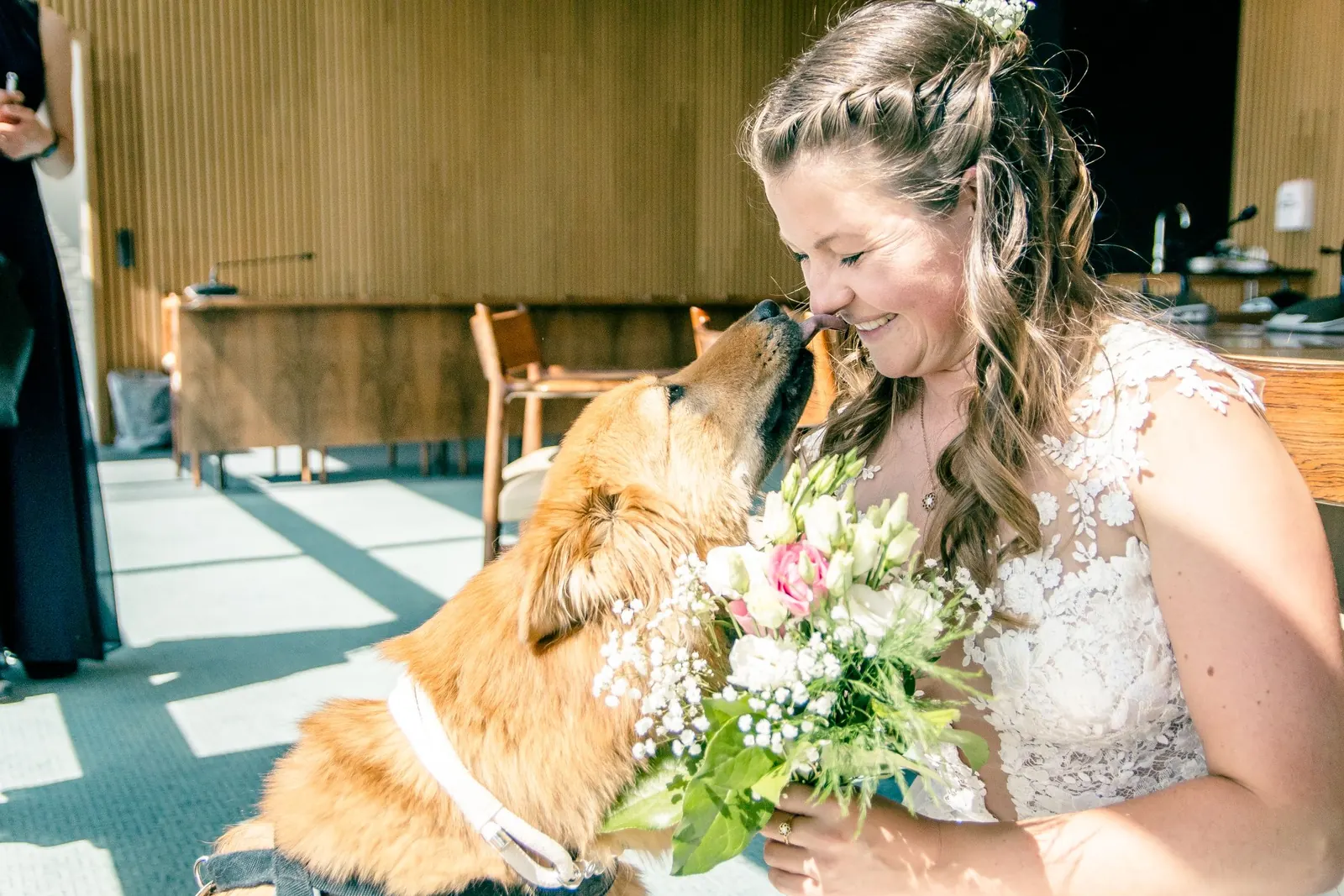 Braut, die von ihrem Hund einen Kuss bekommt